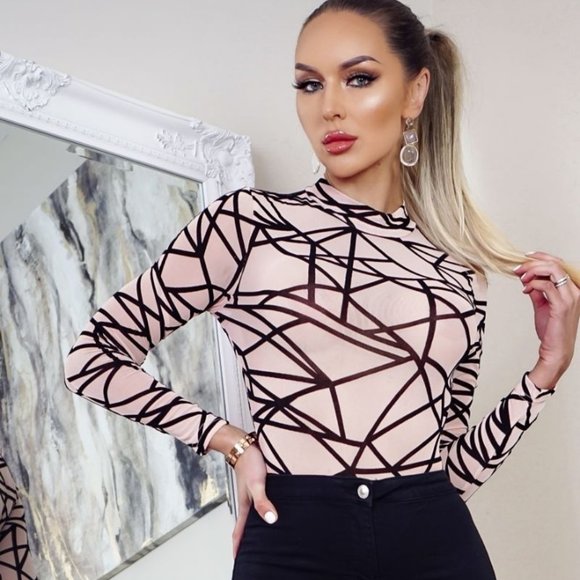 Tops - Nude Abstract Print Mesh Long Sleeve High Neck Bodycon Bodysuit Leotard Top